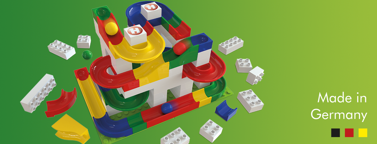 Наборы Hubelino® Kugelbahn на 100% совместимы со строительными блоками от других производителей (LEGO® DUPLO®) и изготовлены в Германии по самым высоким стандартам качества