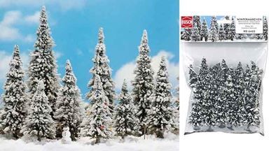 BUSCH 6465 — Ели в снегу и снеговик (10 деревьев ~60—135 мм), 1:87—1:120
