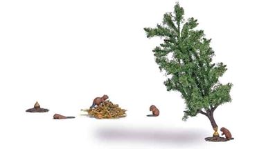 BUSCH 7893 — Хатка бобров, 4 бобра, пень и дерево ~90 мм, 1:72—1:100